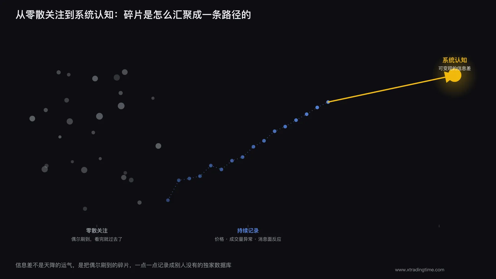 一条从零散信息碎片汇聚成一条清晰路径的示意图