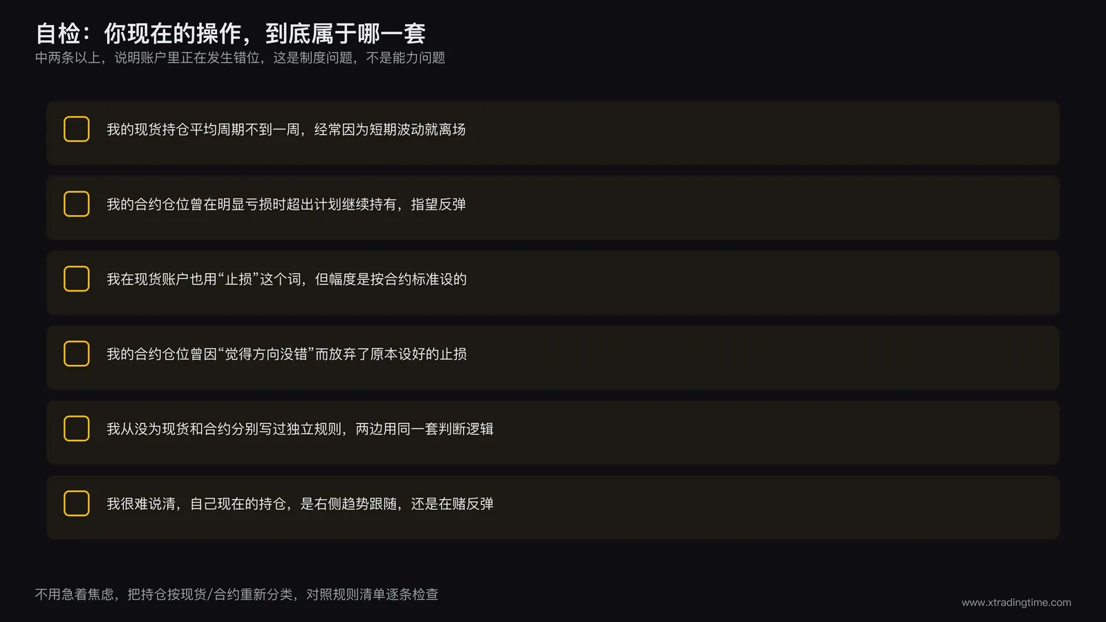 自检清单卡片，列出六项行为对照表