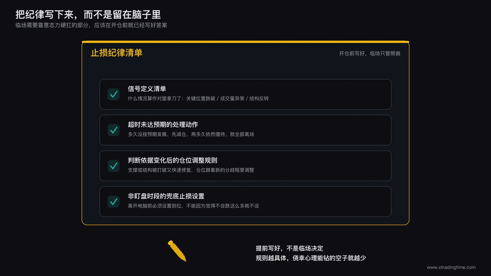 纪律规则卡片示意图：一张清单卡片，列出四个可勾选的执行条目，信号定义清单、超时未达预期的处理动作、判断依据变化后的仓位调整规则、非盯盘时段的兜底止损设置，卡片下方配一支笔标注需要提前写好而不是临场决定
